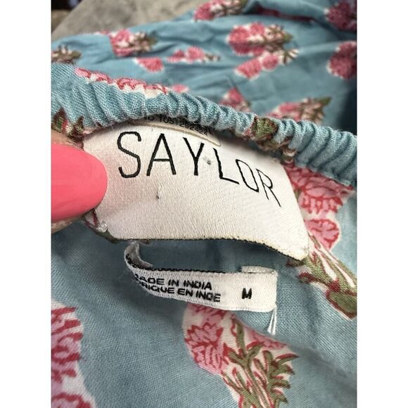 Saylor Annaleise Blue Dahlia Block Print Cotton Midi Dress Size M Boho Tie Back - Picture 12 of 14